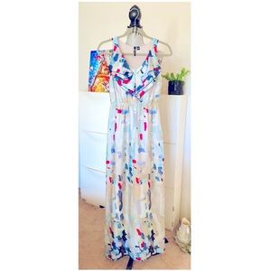 Milano Silky Abstract Ruffled-Collar Maxi Dress